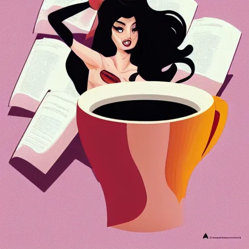 Image similar to Poster illustration of a Cup of coffe on a stack of books, digital art, award winning, trending on artstation, art by artgerm and patrick nagel