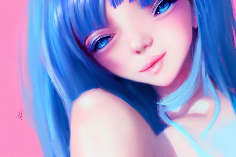 Image similar to Beautiful girl, blue hair, symmetrically, smiling, full body, colorful, pixiv, trends artstation, artist WLOP artstation, artist Mam BA artstation