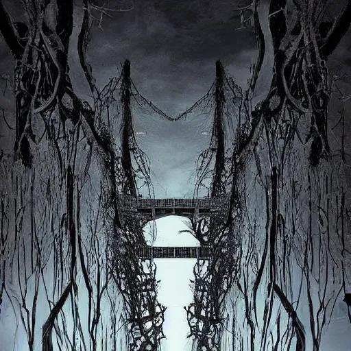 Prompt: “ a terrifying alien looms over a broken bridge, vines growing, wooded area ”