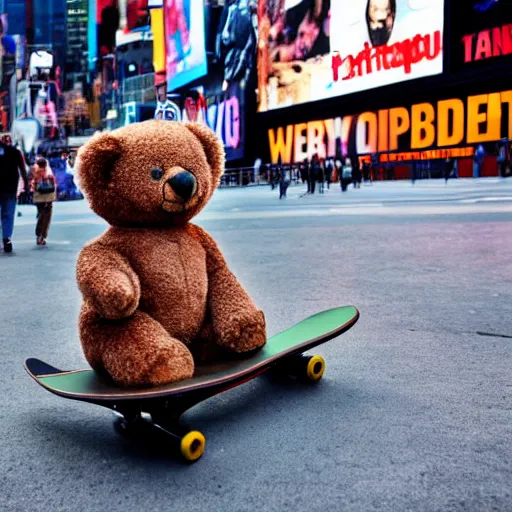 Image similar to A photo of a teddy bear on a skateboard in Times Square