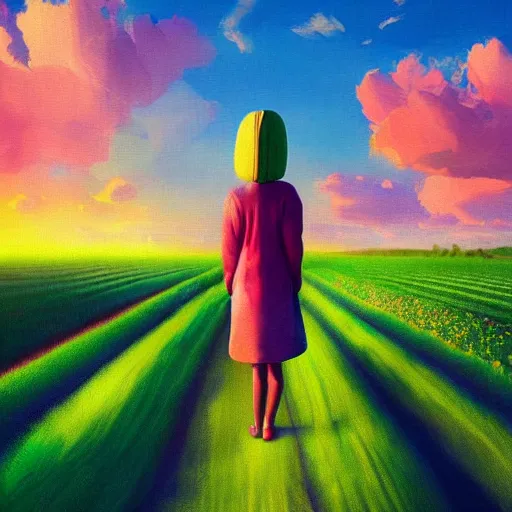 Image similar to girl with a giant tulip head, surreal photography, flower field, sunset dramatic light, impressionist painting, colorful clouds, blue sky, digital painting, artstation, simon stalenhag