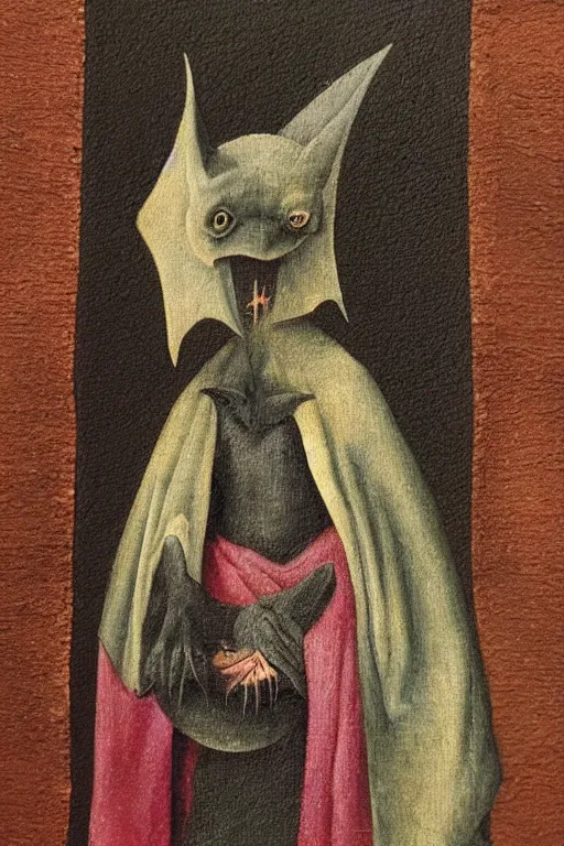 Prompt: silly hieronymus bosch creature. framed oil painting portrait of a bat in fancy felt robes. muted colour palette