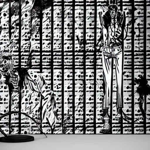 Image similar to close-up scene neighbor holding a drill and drilling holes in a room, all wall is drilled with holes, manga, black and white manga horror in style of junji ito, kentaro miura