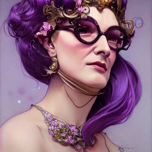 Image similar to amazing lifelike award winning pencil illustration of dame Edna everage purple hair trending on art station artgerm Greg rutkowski alphonse mucha cinematic