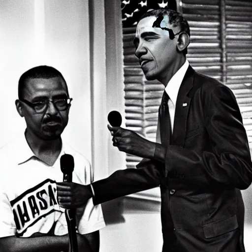 Image similar to Barack Obama having a rap battle against Ghandi, historical photo, 1962