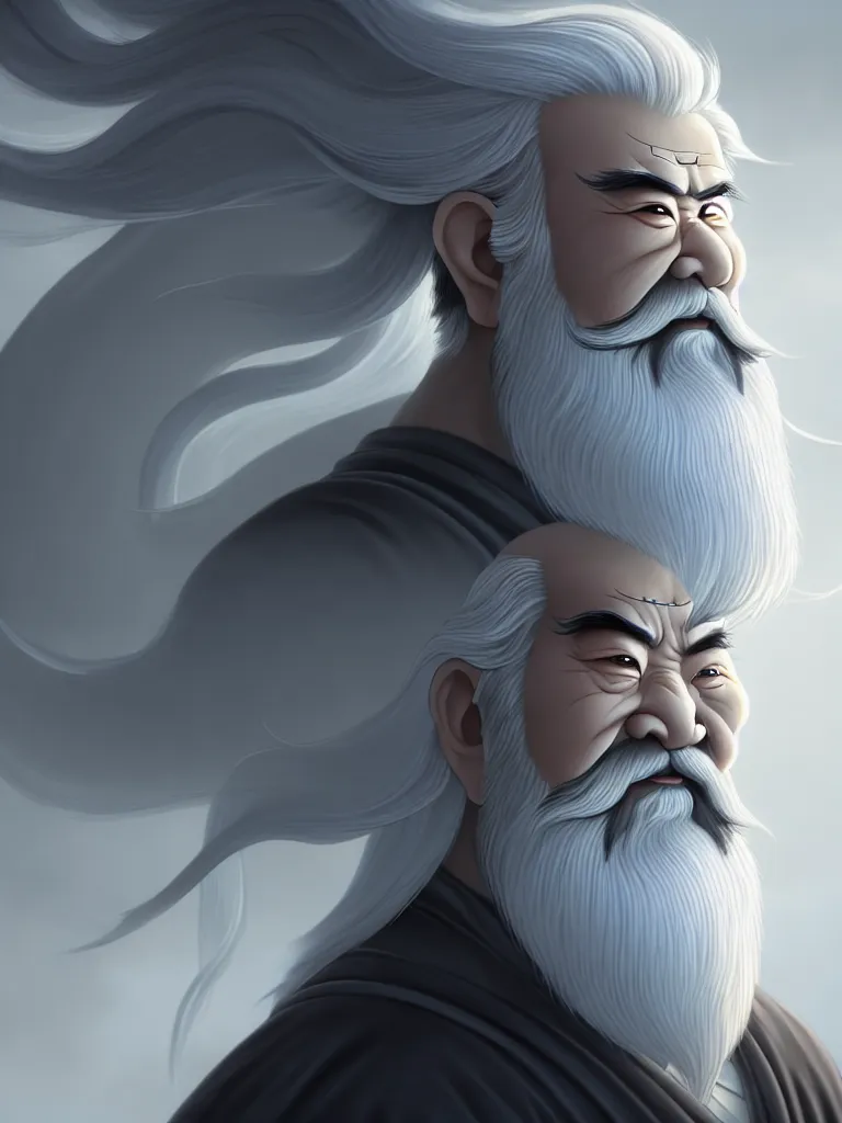 Image similar to the half body portrait of fuxi god in chinese mythology, long white hair, long white beard, atmospheric lighting, perfect shadow, portrait symmetry, wu geng period animation style, frontal lens, wearing a grey robe, in style of makoto shinkai, raphael lacoste, akihito tsukushi, peter mohrbacher, unreal engine, 4 k hd