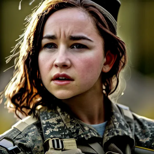 Image similar to a photograph of emilia clark as a female soldier, cinematic lightening, professional, pentax k 1 0 0 0, sharp focus