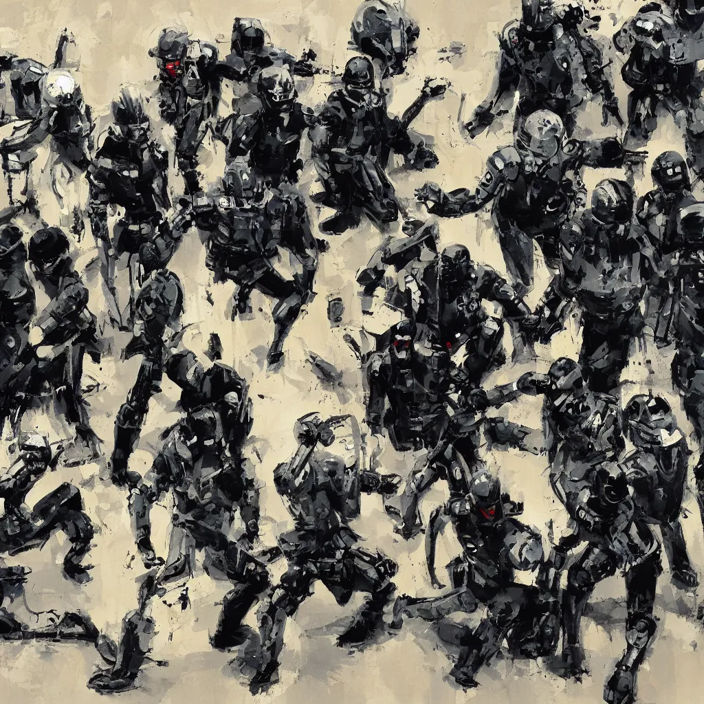 Prompt: a robot cop arresting people, painted by ashley wood