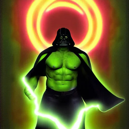 Prompt: sith hulk with dark robe and yellow glowing eyes, green lightning, digital art