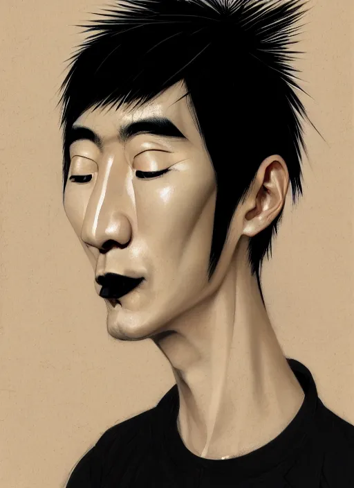 Image similar to portrait of a japanese man with a crooked nose and a confident expression, 1 9 6 0 s, black clothes, goth, punk, brightly coloured hair, funk, intricate, elegant, highly detailed, digital painting, artstation, concept art, smooth, sharp focus, illustration, art by wlop, mars ravelo and greg rutkowski