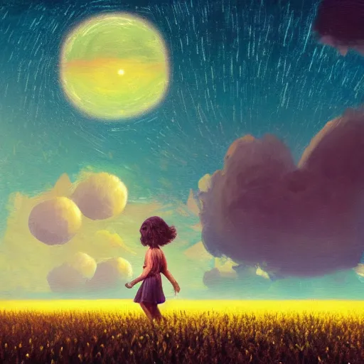 Image similar to giant daisy flowers as a head, girl walking in wheat field, hills, surreal photography, moon light, dark night, star trails, dramatic light, impressionist painting, clouds, digital painting, artstation, simon stalenhag