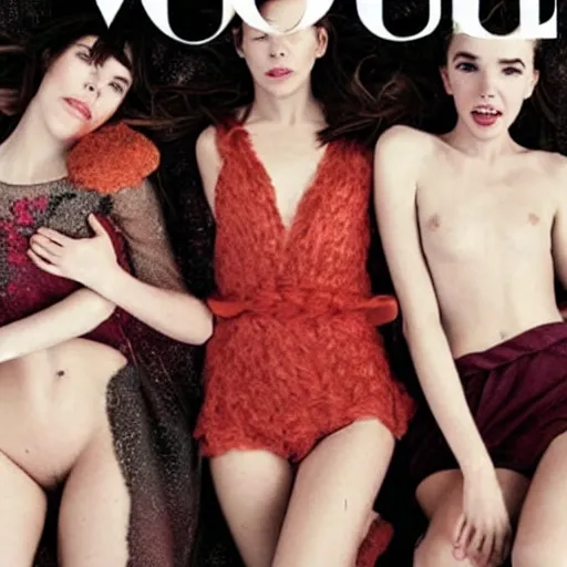 Image similar to stunning vogue magazine photo of dark - haired goddesses vanessa kirby, hailee steinfeld, and bjork smiling, legs intertwined, laying back on the bed, surrounded by adult toys, with wet faces!!, wet lips, smooth skin, perfect eyes, insanely detailed, elegant, by wlop, rutkowski, livia prima, mucha, wlop,