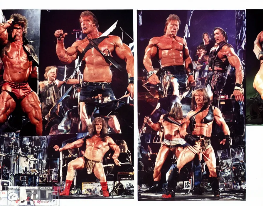 Prompt: colour photo off arnold schwarzenegger, sylvester stallone, dolph lundgren, Chuck Norris and Jean-Claude Van Damme in a heavy metal band, playing guitars, guitar solo, drums, on stage at monsters of rock 1992, massive amplifiers, pyrotechnics, smoke, vivid colors, daylight, photo real, 28mm, press photographs, wide view, Eastman EXR 50D 5245/7245