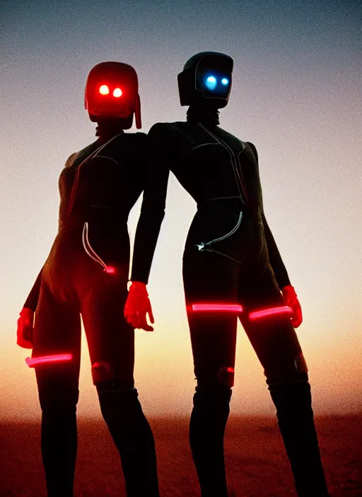 Prompt: cinestill 5 0 d photographic portrait of two loving female androids wearing rugged black techwear on a desolate plain with a red sky, extreme closeup, cyberpunk style, garters, body suits, dust storm, 8 k, hd, high resolution, 3 5 mm, f / 3 2, ultra realistic faces, ex machina