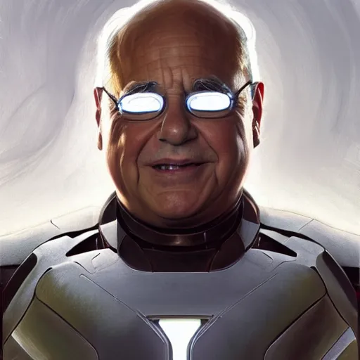 Image similar to handsome Danny DeVito in an Iron Man suit, western, D&D, fantasy, intricate, elegant, highly detailed, digital painting, artstation, concept art, matte, sharp focus, illustration, art by Artgerm and Greg Rutkowski and Alphonse Mucha