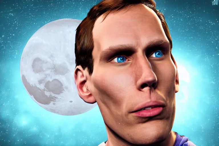 Image similar to jerma 9 8 5 face in a moon, jerma 9 8 5 face on a moon, jerma moon, jerma, epic wallpaper trending on artstation, highly detailed digital artwork