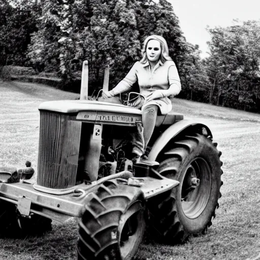 Prompt: Adele driving a tractor, photograhy