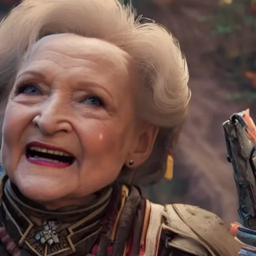 Prompt: film still of Betty White as Aloy in Horizon Zero Dawn