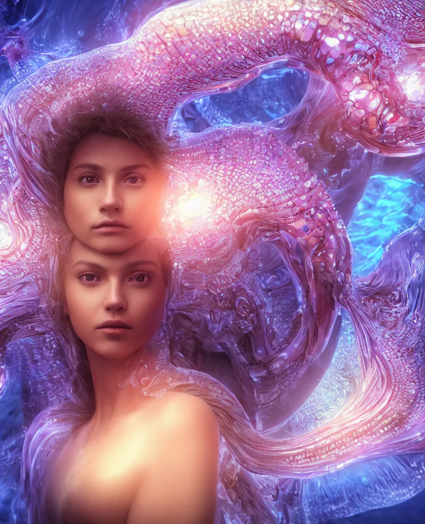 Image similar to close-up macro portrait of the face of a beautiful princess, epic angle and pose, symmetrical artwork, 3d with depth of field, blurred background, cybernetic jellyfish female face skull phoenix bird, translucent, nautilus, energy flows of water and fire. a highly detailed epic cinematic concept art CG render. made in Maya, Blender and Photoshop, octane render, excellent composition, cinematic dystopian brutalist atmosphere, dynamic dramatic cinematic lighting, aesthetic, very inspirational, arthouse. y Greg Rutkowski, Ilya Kuvshinov, WLOP, Stanley Artgerm Lau, Ruan Jia and Fenghua Zhong