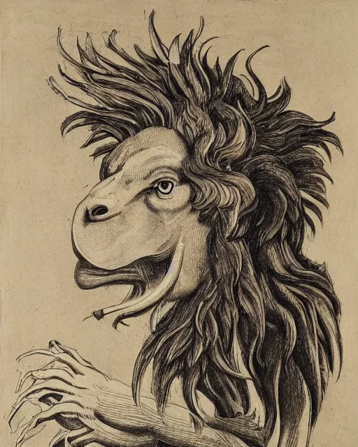 Image similar to a creature with the body and eyes of a man, with the beak of an eagle, the mane of a lion, and the horns of an ox. drawn by francis bacon