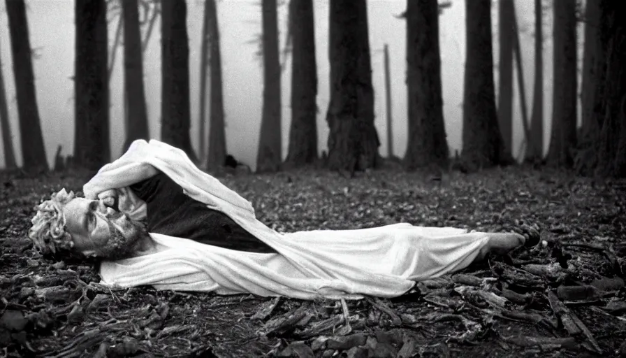 Image similar to 1 9 6 0 s movie still close up of a skinny emperor marcus aurelius with frozen face and a frozen toga, laying down on the danube's shore pine forests, cinestill 8 0 0 t 3 5 mm b & w, high quality, heavy grain, high detail, cinematic composition, dramatic light, anamorphic, hyperrealistic, foggy