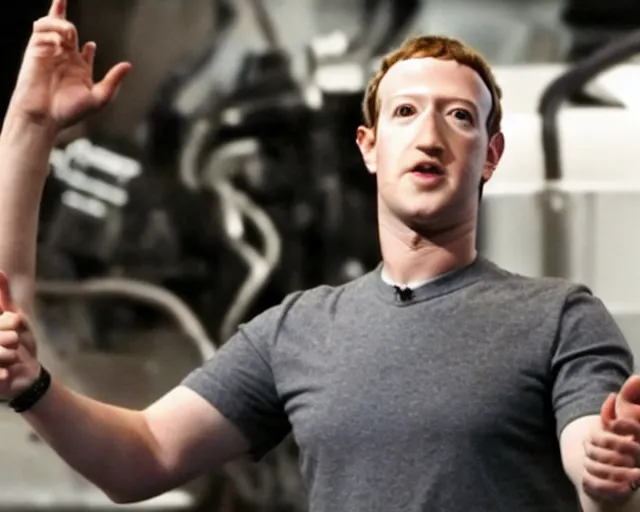 Image similar to mark zuckerberg plays terminator in scene where his endoskelet gets exposet, action film scene