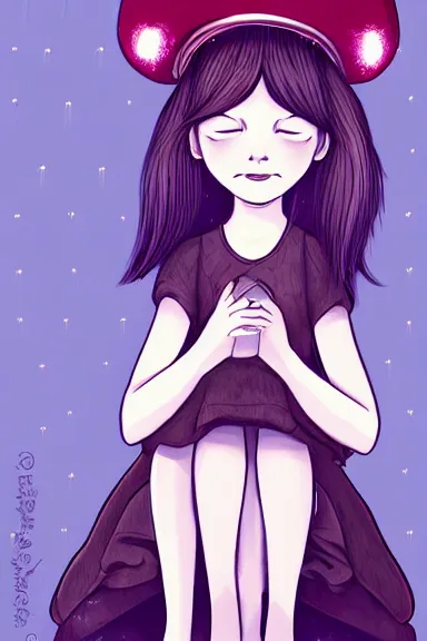 Image similar to a little girl wearing a mushroom hat in dress sitting | | purple curvy hair, pretty face, fine details, digial art by lois van baarle and sakimichan, anatomically correct, perfect composition, symmetrical, fantastic, clean details, anime character, extremely detailed