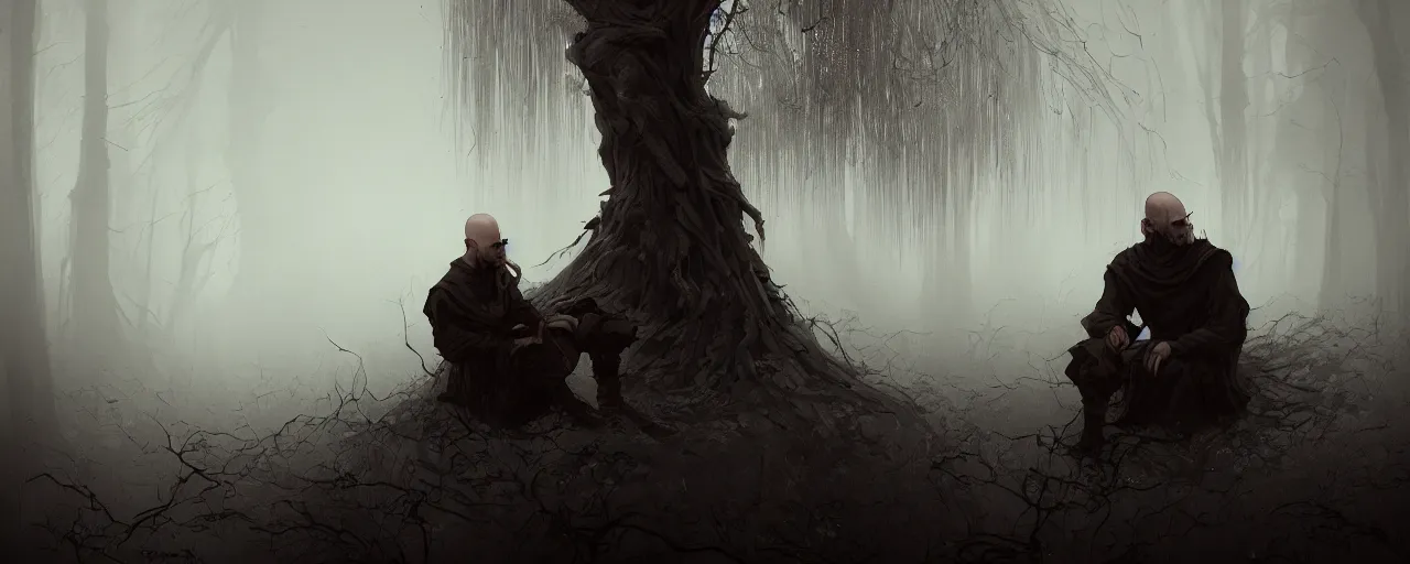 Image similar to duotone noir illustration close up of bald merchant demon sitting below willow tree in medieval brown tunic. foggy evening. dark dream atmosphere with volumetric hellish lighting, by sachin teng and sergey kolesov and ruan jia and heng z. graffiti art, scifi, fantasy, hyper detailed. octane render. concept art. trending on artstation