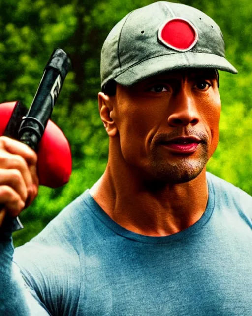 Prompt: Film still close-up shot of Dwayne Johnson as ash ketchum from the movie pokemon. Photographic, photography