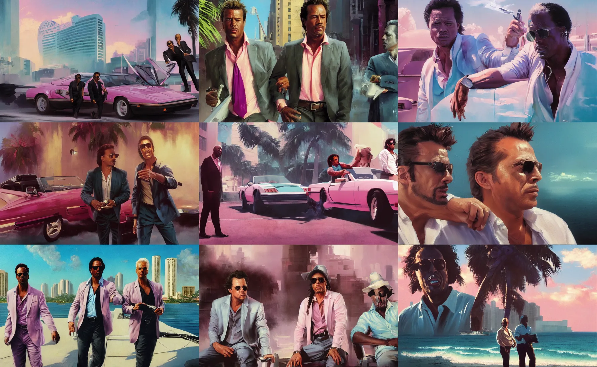 Prompt: an oil painting of crockett and tubbs, miami vice, ultra realistic, highly detailed, brushstrokes, masterpiece, cinematic by frank frazetta, greg rutkowski, beeple, yoko taro, christian macnevin, beeple, wlop, krenz cushart, epic fantasy character art, volumetric lighting, cgsociety, pink and teal