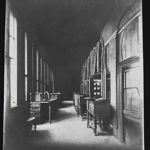 Image similar to an early daguerrotype photograph of the backrooms from the 19th century