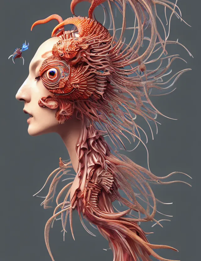 Image similar to 3 d goddess close - up profile portrait with ram skull. beautiful intricately detailed japanese crow jellyfish phoenix, bio luminescent, plasma kitsune mask and clasical japanese kimono. betta fish, jellyfish phoenix, bio luminescent, plasma, ice, water, wind, creature, artwork by tooth wu and wlop and beeple and greg rutkowski