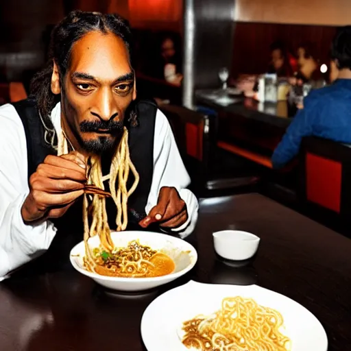 Image similar to Snoop Dog eating ramen in a restaurant