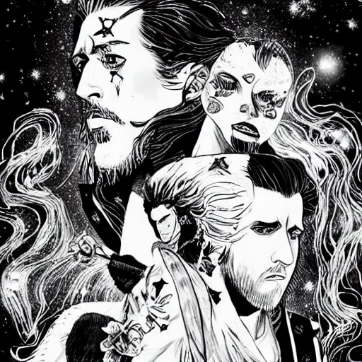 Prompt: black and white pen and ink!!!!!!! Johnny Depp x Ryan Gosling wearing cosmic space robes made of stars final form flowing royal hair golden!!!! Vagabond!!!!!!!! floating magic swordsman!!!! glides through a beautiful!!!!!!! Camellia flower battlefield dramatic esoteric!!!!!! Long hair flowing dancing illustrated in high detail!!!!!!!! by Moebius and Hiroya Oku!!!!!!!!! graphic novel published on 2049 award winning!!!! full body portrait!!!!! action exposition manga panel black and white Shonen Jump issue by David Lynch eraserhead and beautiful line art Hirohiko Araki!! Rossetti, Millais, Mucha, Jojo's Bizzare Adventure