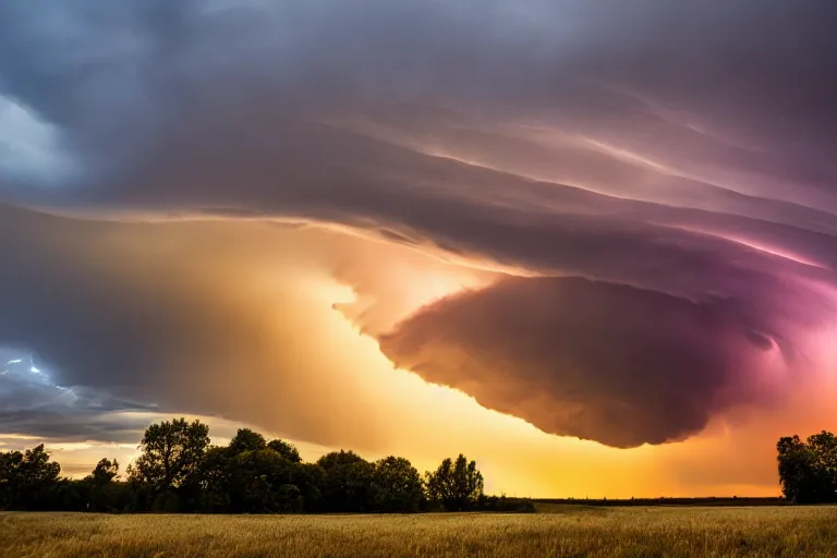 Image similar to a photo of a supercell thunderstorm, illuminated from various angles by the setting sun, cinematic