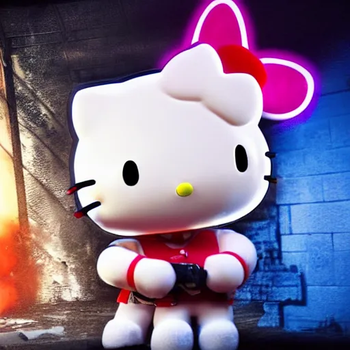 Image similar to hello kitty in gears of war, splash art, movie still, detailed face, cinematic lighting, colour, dramatic, octane render, long lens, shallow depth of field, bokeh, anamorphic lens flare, 8 k, hyper detailed, 3 5 mm film grain