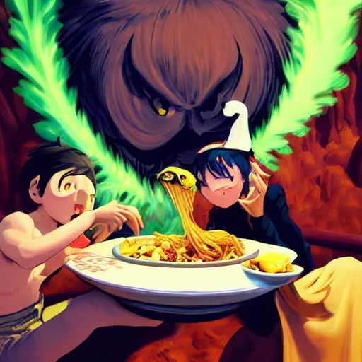 Image similar to shigenori soejima, jamie hewlett, frank frazetta, a chicken eating pasta off a ceramic plate in the middle of the desert, digital painting masterpiece, advanced lighting technology