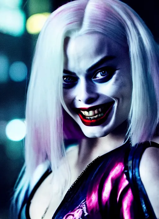 Prompt: 5 0 mm photo of beautiful suicide squad happy margot robbie with long white hair that looks like harley quinn standing on the wet street of dystopian gotham city at night, angry frown, glamour pose, watercolor, frank miller, moebius, jim lee, cinematic, ridley scott, lens flare, dramatic lighting, annie leibowitz