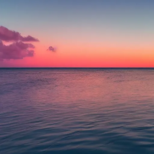 Image similar to Photo of the middle of the ocean, tiny islands made of sand and sandbars, a couple of palm trees, sunset, pink clouds, dreamy, enchanting, ultrarealistic, establishing shot