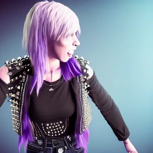 Image similar to high detail unreal engine render of a punk woman in a cropped t - shirt and studded arm bands and a studded belt and ripped black jeans with purple emo hair screaming into a microphone in pixar style 4 k