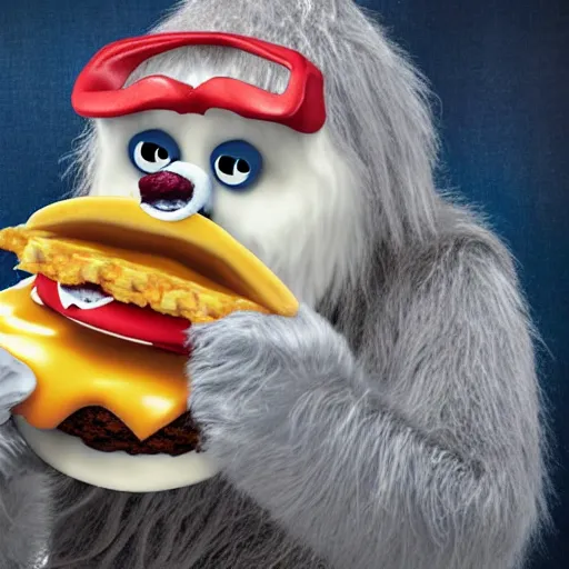 Prompt: anthropomorphic yeti eating a cheesburger