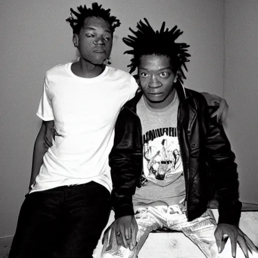 Image similar to of a photo of jean - michel basquiat and kurt cobain in basquiat ’ s studio, photorealistic,