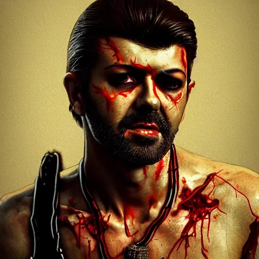 Prompt: eighties george michael as a flesh eating zombie with cuts on face, 7 days to die zombie, fine art, award winning, intricate, elegant, sharp focus, cinematic lighting, highly detailed, digital painting, 8 k concept art, art by guweiz and z. w. gu, masterpiece, trending on artstation, 8 k