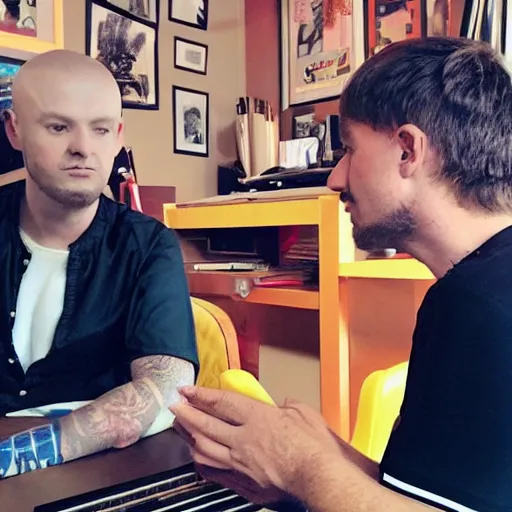 Prompt: geordie greep from the band black midi having a business meeting with mario, hyperrealistic