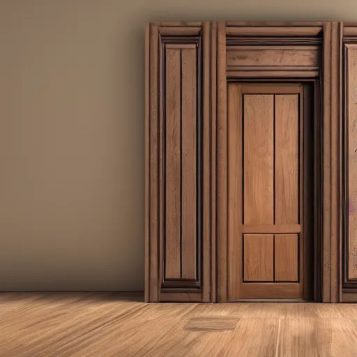 Image similar to photography, 3 d render, monster, open door, wood floor