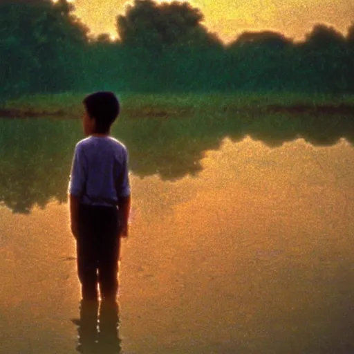 Image similar to Movie scene photography of a 10 years old boy playing in the dirty swamp, by tarkovsky, wong kar wai photography, sunset, monet pastel ambient