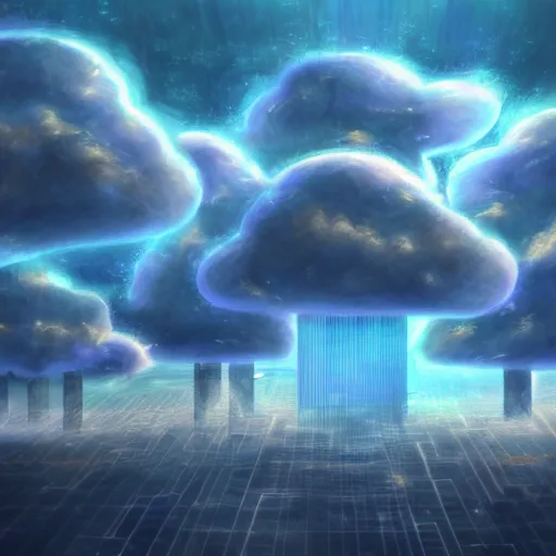 Image similar to this is a beautiful surreal scenery artwork from pixiv. it includes gigantic living inside network of cloud computing material, cloud buildings with internal computer infinites. god lighting, rays, sublimely cold color palette. insanely detailed, artstation!! pixiv!! infinitely detailed