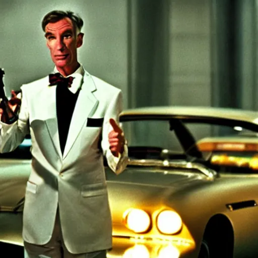 Prompt: bill nye as james bond, goldfinger 1 9 6 4 iconic film still, perfect composition