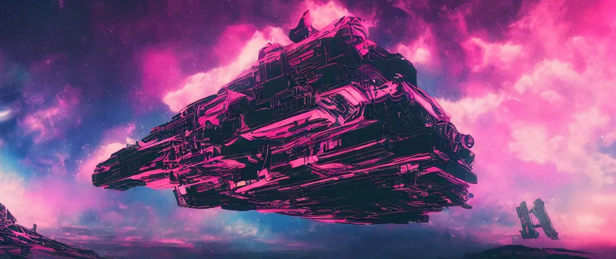 Image similar to space, hyperdetailed illustration, portrait big dark dog, mohawk, stars, pink, neon, oil painting, rich deep colors masterpiece, pirate neon ship, ultra detailed, contrast, heaven pink, clouds, volumetric light, atmospheric lighting, dramatic, cinematic, moody, octane render 4 k, 8 k