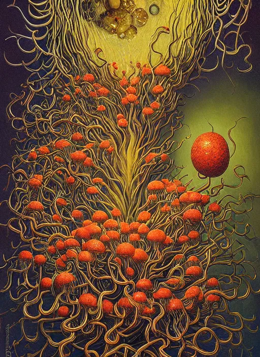 Image similar to hyper detailed Oil painting - It Eats of the Strangling Fruit and Its gossamer polyp blossoms bring iridescent fungal flowers whose spores black the foolish stars by Jacek Yerka, Mariusz Lewandowski, Abstract brush strokes, Masterpiece, Edward Hopper and James Gilleard, Zdzislaw Beksinski, Mark Ryden, Wolfgang Lettl, hints of Yayoi Kasuma